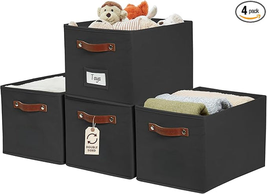 DECOMOMO Storage Baskets for Shelves - Large 15"x11"x10" Foldable Fabric Storage Bins, Baskets for Organizing with Labels (Black, 4pcs)