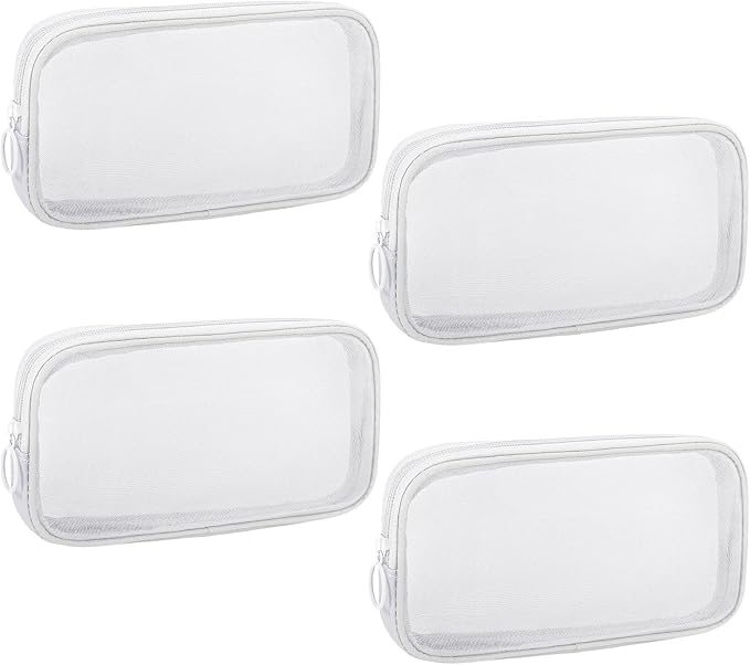 4 Pieces Mini Zipper Nylon Mesh Pouch, Mesh Cosmetic Bags Makeup Bags, Multipurpose Travel Toiletry Bags for Office Supplies and Travel Accessories (White, M)
