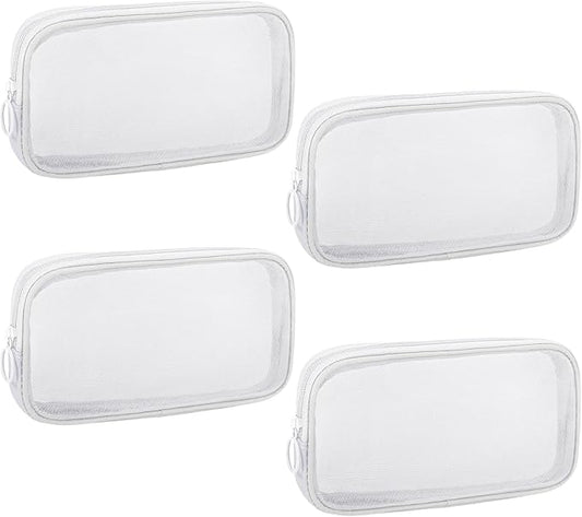 4 Pieces Mini Zipper Nylon Mesh Pouch, Mesh Cosmetic Bags Makeup Bags, Multipurpose Travel Toiletry Bags for Office Supplies and Travel Accessories (White, M)