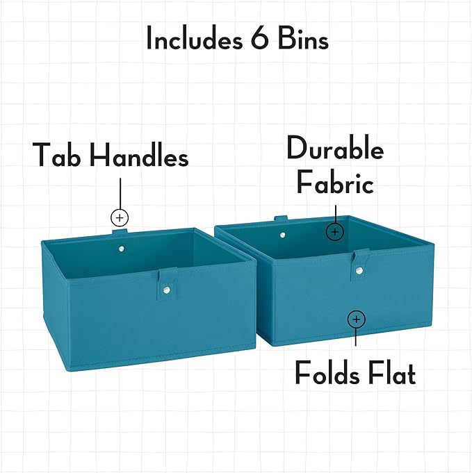 RiverRidge Kids 6pc Folding Storage Bins Set - 10.5”W x 5”H Fabric Boxes with Handles for Closet Organizers and Storage - Turquoise Cube Storage Organizer for Toys, Clothes & Crafts - Fits Shelves