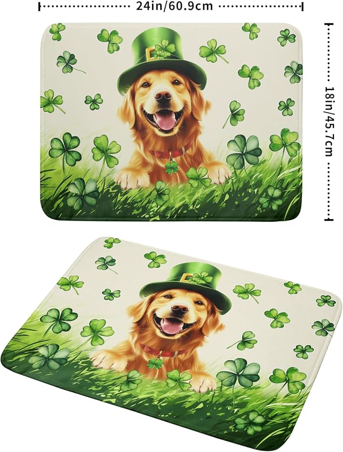 St Patrick's Day Dog Dish Drying Mat 18x24 inch Green Shamrock Dishes Pad Absorbent Microfiber Dish Drainer Mat for Kitchen Counter Coffee