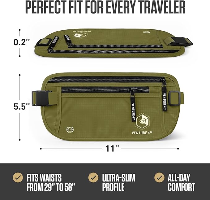 VENTURE 4TH Travel Money Belt – Hidden Under-Clothes RFID Blocking Passport Holder & Slim Travel Wallet Pouch for Men & Women to Protect Cash, Cards & Documents (Green)