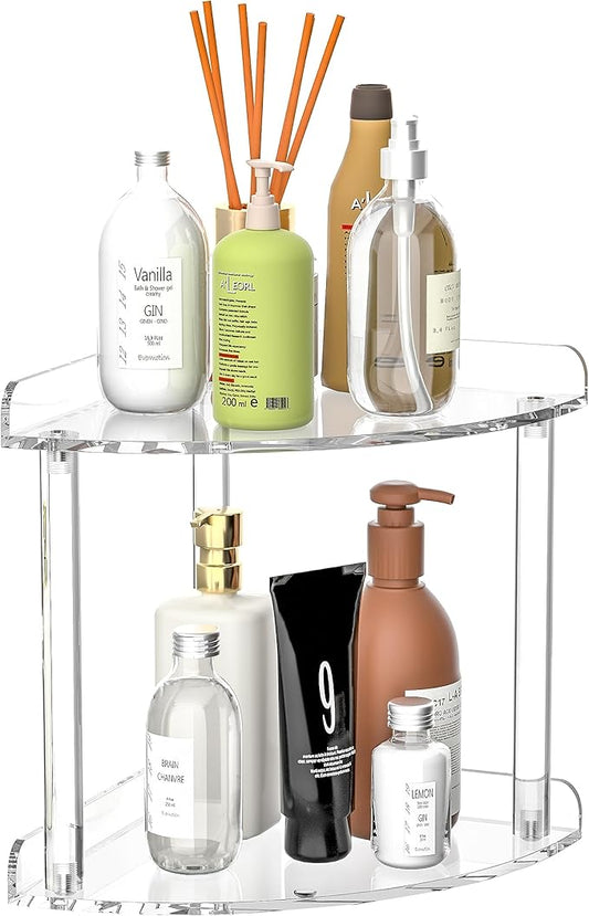 2 Tier Countertop Corner Organizer Shelf 7x7x8 Inch, Acrylic Bathroom Organizer Corner Shelf for Countertop, Clear Vanity Storage Organizer for Skincare, Cosmetics, Perfume