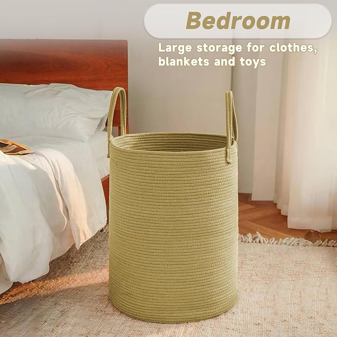 Large Woven Laundry Basket Hamper, 80L Cotton Rope Storage Bin for Blankets, Toys and Clothes, Decorative Tall Nursery Hamper for Living Room, Baby Nursery, Bathroom and Bedroom, Jute