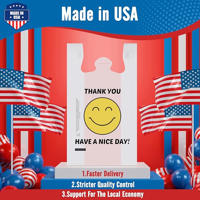 Fuxury 1000 Count Happy Smiling Face Thank You Plastic Bags (11.5 x 6.5 x 21) White, Have a Nice Day T-shirt Bags for Business, Grocery, Take Out, To Go, Retail Shopping in Bulk