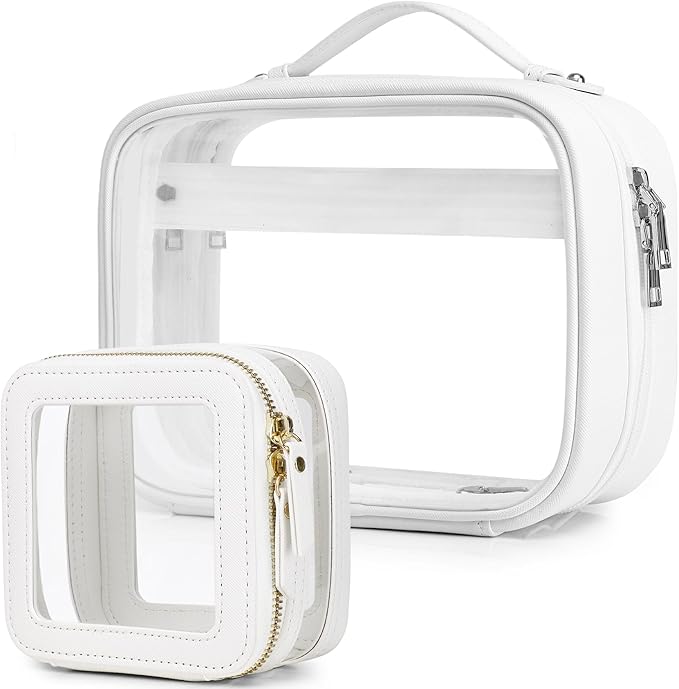 Pinkmik Travel Makeup Bag Set Portable Clear Cosmetic & Toiletry Case Women's Purse Organizer and Car Essentials with Zipper (White, M+MINI-2)