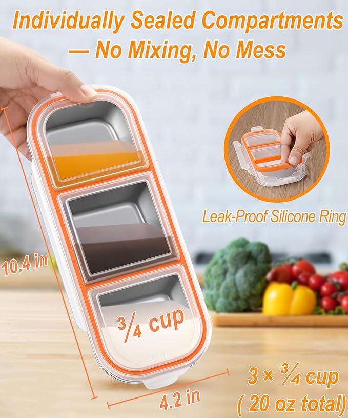 KTKUDY Stainless Steel Snack Container for Kids & Adults - Leak-Proof 3-Compartment Stackable Snack Lunch Box for Daycare, School, Work & Travel
