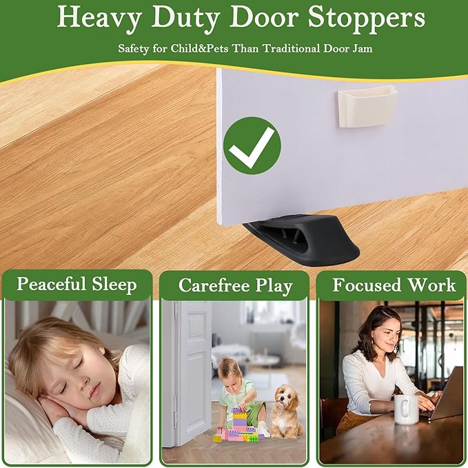 Fursafe&Q Rubber Door Stoppers for Bottom of Door, Door Stop Wedge with Holder, Heavy Duty Doorstops 4 Pack, Wall Protector for Home & Office & School & Commercial Doorstop Keep Open Stack Black