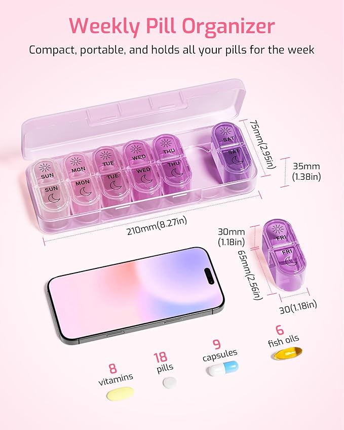 Daviky Weekly Pill Organizer 2 Times a Day, 7-Day AM PM Medicine Case, Travel-Friendly Pill Box for Fish Oils, Vitamins & Supplements