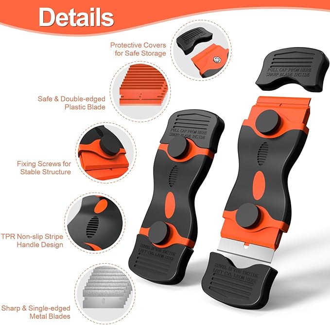 Ywmoml 3 Pack Razor Blade Scraper Set, Includes 30 Plastic & 30 Metal Blades, Multi-Purpose Tool for Glass, Cooktop, Sticker Removal, Paint & Gum Cleaning (Orange)