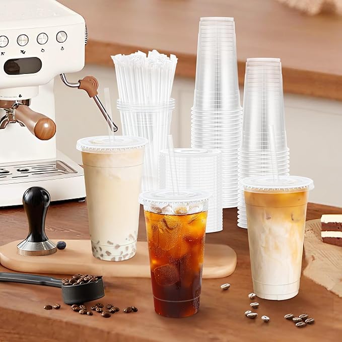 Lamosi 100 Pack 24 oz Clear Plastic Cups with Lids and Straws, Disposable Iced Coffee Cups with Lids for To-Go Cold Drinks, Smoothies and Slushie