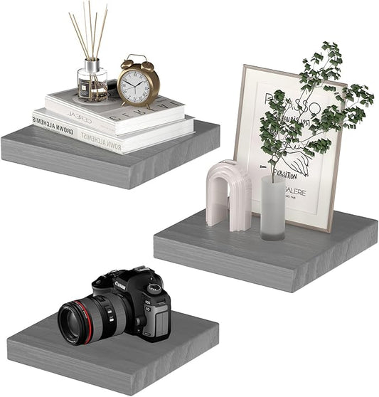 Small Floating Shelves for Wall - 9 Inch Mini Square Grey Shelves for Bedroom, Living Room, Bathroom, Kitchen, Office Decor Set of 3