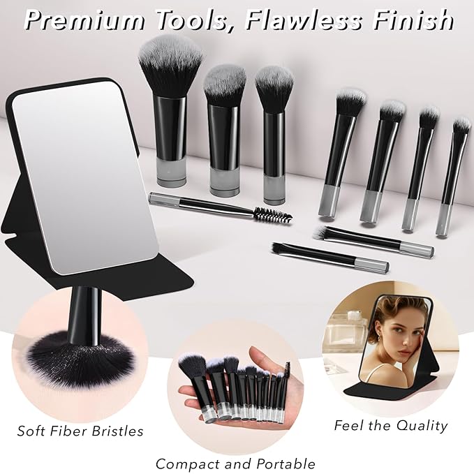 Travel Makeup Brush Set, 77Pcs Mini Makeup Kit Synthetic Foundation Concealers Eye Shadows Brushes Powder Puff with Eyelash Curler Eyebrow Razor Comb Mirror Hair Clips Cosmetic Bag (Black)