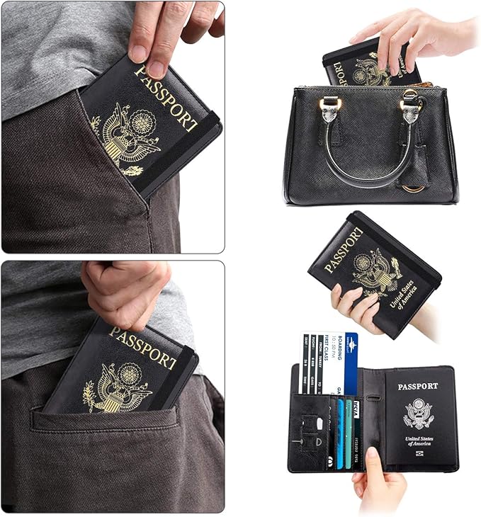 WALNEW Passport Holder for Travel, RFID Passport Cover Wallet for Women Men, PU Leather Passport Book Card Holder Case with Pen, Travelling Essentials for Flying
