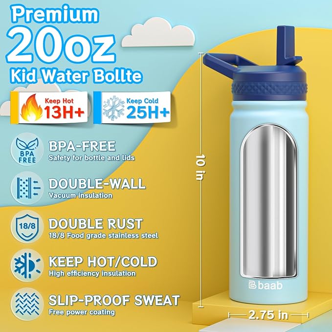 baab 20oz kids Water Bottle, Insulated Water Bottle with Straw & Stickers, 18/8 Stainless Steel Vacuum Leakproof kids Water Straw Cup for School, Perfect for Boy Girl (Navy Blue+Light Blue, 2 Pack)
