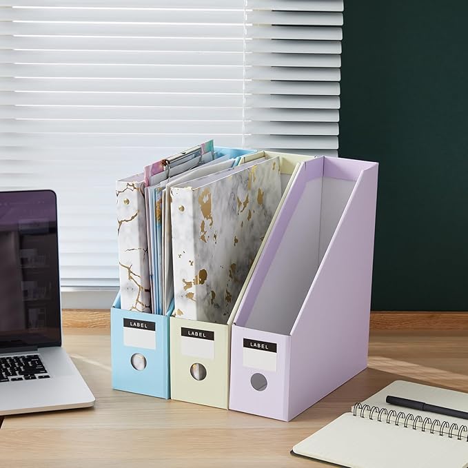 Y YOMA Cardboard File Magazine Holder, Pastel Color, 12 Pack Desktop Binder Holder with Labels Vertical File Storage Foldable Organizer Box, for Office Classroom Home Workspace