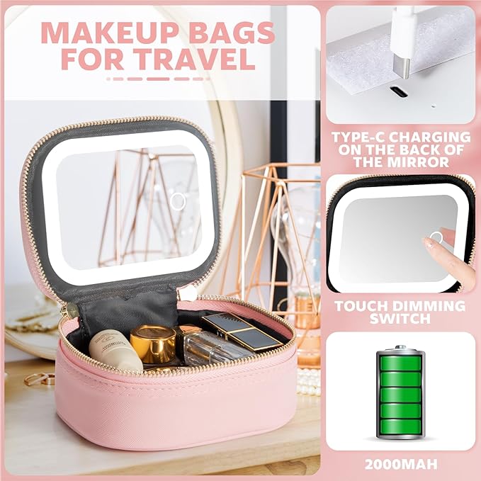 Small Makeup Bag with Led Mirror, Mini Travel Make up Bag 3 Light Modes Adjustable Brightness, for Women Organizer Cosmetic Bag, Portable Travel Train Toiletry Bag, for Pool Parties Work Touch-Ups