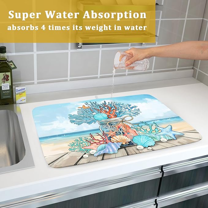 Coastal Coral Dish Drying Mat 18x24 inch Starfish Shell Fast Dry Microfiber Dish Rack Mats Drainer Pad for Countertop Kitchen Table Decor