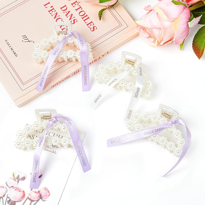 DEEKA Bridesmaid Proposal Gifts 8 Pack Pearl Bridesmaid Hair Claw Clips with Ribbon 3 Inch Hair Clips Bachelorette Party Favors Bridal Party Present Hair Accessories (Half Circle White&Purple)