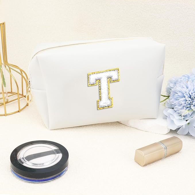 Gifts for Girls Initial Makeup Bag Personalized Cosmetic Bag with Zipper Cute Travel Toiletry Bags Waterproof PU Preppy Makeup Pouch Birthday Gift for Teen Girls Women(White T)