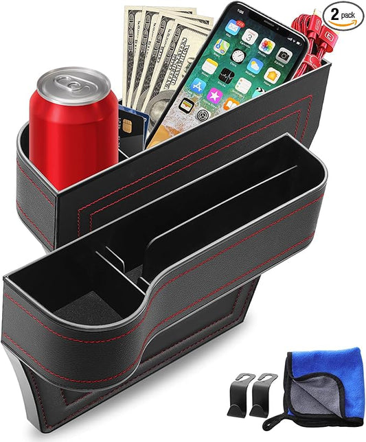 Car Seat Gap Filler, Car Seat Organizer with Cup Holder, Car Seat Gap Filler Organizer with 2 Seat Back Hooks for Phones, Keys, Cards, Canned Drinks, Ideal for Car Storage Box - 2 Pack