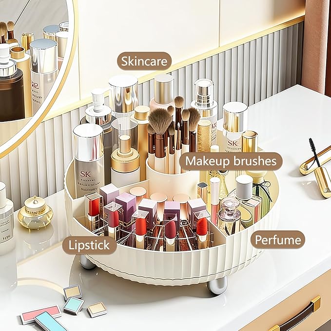 Anyoifax Makeup Perfume Organizer Tray with Divider, 360-Degree Rotating Lazy Susan Skincare Lotion Organizer, Spinning Cosmetics Storage for Dresser, Vanity, Bathroom Countertop, Large Beige