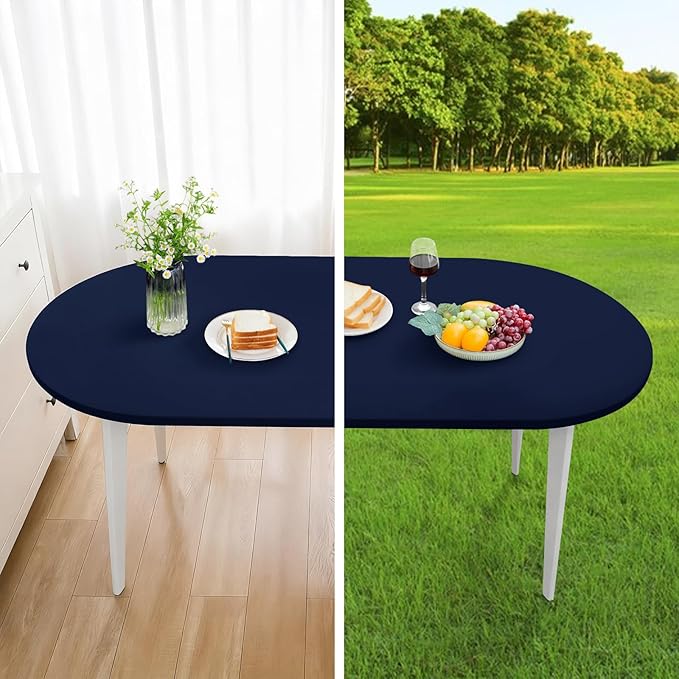 Fitted Oval Tablecloth 48 x 68 Inch Elastic Table Cloth, Stretch Spandex Table Cover Navy Washable Polyester Top Cap Cover for Dining Picnic Camping Indoor and Outdoor