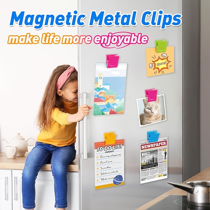 VNDUEEY 24 Pcs Strong Magnetic Clips, Fridge Magnets Metal Clips, Whiteboard Magnets Refrigerator Magnets, Assorted Colors Heavy Duty Clip Magnets for Photo Display, Home, Office, Classroom