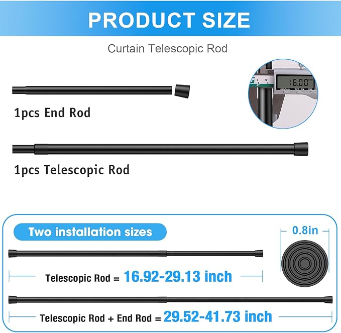 1 Pack Spring Loaded Tension Rod 17-41" Adjustable Curtain Rods No Drill Extendable Spring Rod Tension Curtain Rods For Window Kitchen Shelves Rv Refrigerator And Small Spaces,Black