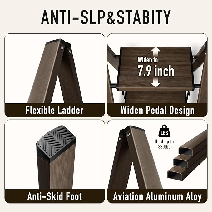 2 Step Ladder, Aluminum Folding Step Stool for Adults, Step Ladder with Wide Anti-Slip Pedal, 330 lbs Capacity for Home, Office, Kitchen, Library (Walnut)