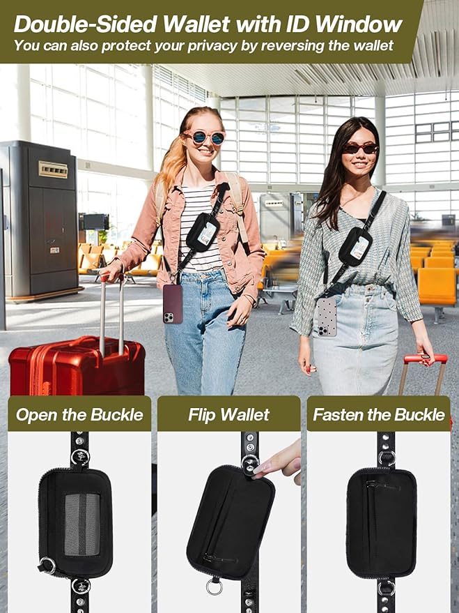 Clip and Go Strap for Phone with Wallet Crossbody Phone Lanyard Adjustable and Detachable RFID Wristlet Wallet with ID Window and Zipper, Black(L)