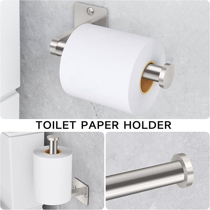Brushed Nickel Bathroom Accessories Set, 4 Pieces Bathroom Hardware Set, 16 inch Towel Bar, Towel Racks for Bathroom, Robe Towel Hooks, Toilet Paper Holder Wall Mounted