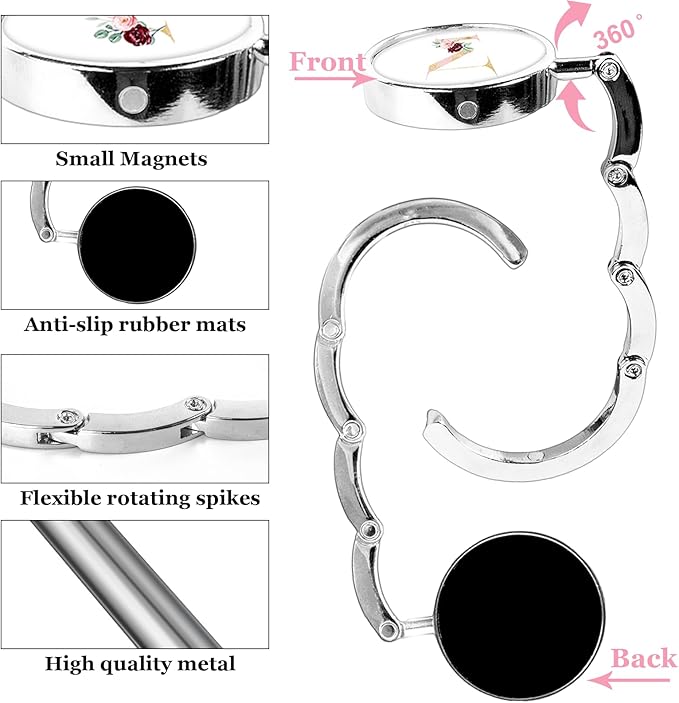 XSUIOY 3Pcs Personalized Initial Foldable Purse Hook for Table,Crushed Flower Letters Folding Purse Hanger,Purse Holder Handbag Hanger Collection Desk Table Bag Hooks Gifts for Women Bag(Pink-M)