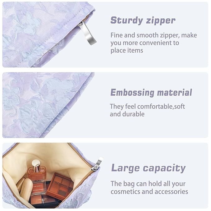 ZLFSRQ Flower Makeup Bag for Women Girls Teens Travel Cute Floral Cosmetic Bags Large Zipper Cosmetic Pouch Purse Portable Toiletry Bag Aesthetic Embossed Blue Purple Makeup Brushes Storage Organizer