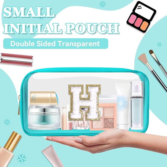 Small Clear Personalized Initial Makeup Bag,Nylon Preppy A-Z Chenille Letter Patch Cosmetic Pouch Beach Toiletry Bag,Waterproof Zipper Travel Purse Storage Bag Organizer for Women Girls(Cyan-White H)