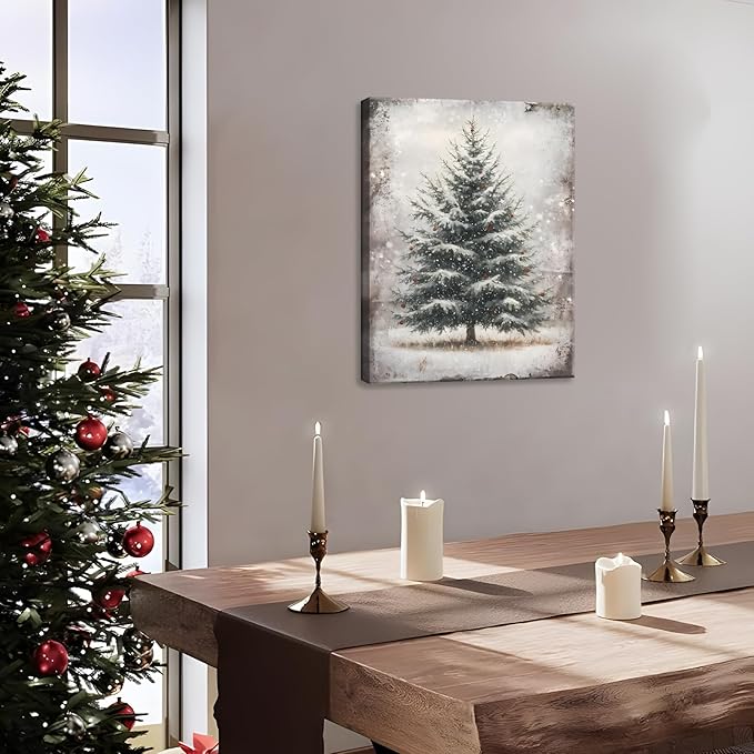 Vintage Christmas Wall Art Framed - Pine Tree Pictures Wall Decor, Winter Navidad Painting Decorations for Home Indoor, Rustic Christmas Canvas Prints, Nostalgic Navidad Decorations 16x124 Inch