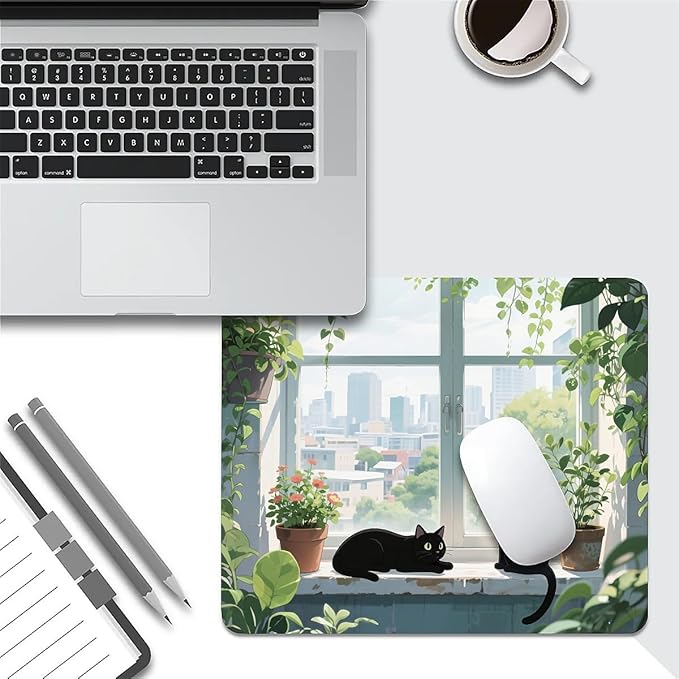 Square Mouse Pad Black Cat, Personalized Premium-Textured Custom Mouse Mat Design, Washable Mousepad Cloth, Non-Slip Rubber Base Computer Mouse Pads for Wireless Mouse