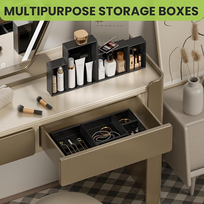 Greatseas Bamboo Drawer Organizer Set, 5 PCS Multi-use Varied Sizes Junk Drawer Organizer Kitchen Storage Box for Office, Home, Bedroom, Bathroom, Black