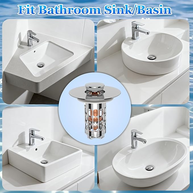 Pop up Bathroom Sink Drain Strainer,Universal Sink Stopper Bathroom Drain with Filter Basket,Bathroom Sink Stopper Hair Catcher for 1.06"~1.61" Drain Hole 2 PCS(Silver Chrome)