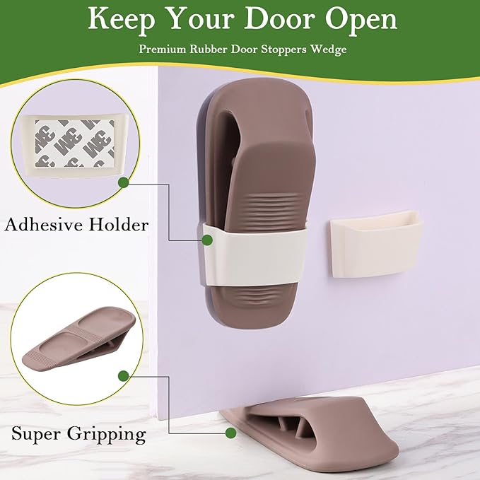 Fursafe&Q Rubber Door Stoppers for Bottom of Door, Door Stop Wedge with Holder, Heavy Duty Doorstops 4 Pack, Wall Protector for Home & Office & School & Commercial Doorstop Keep Open Stack Brown