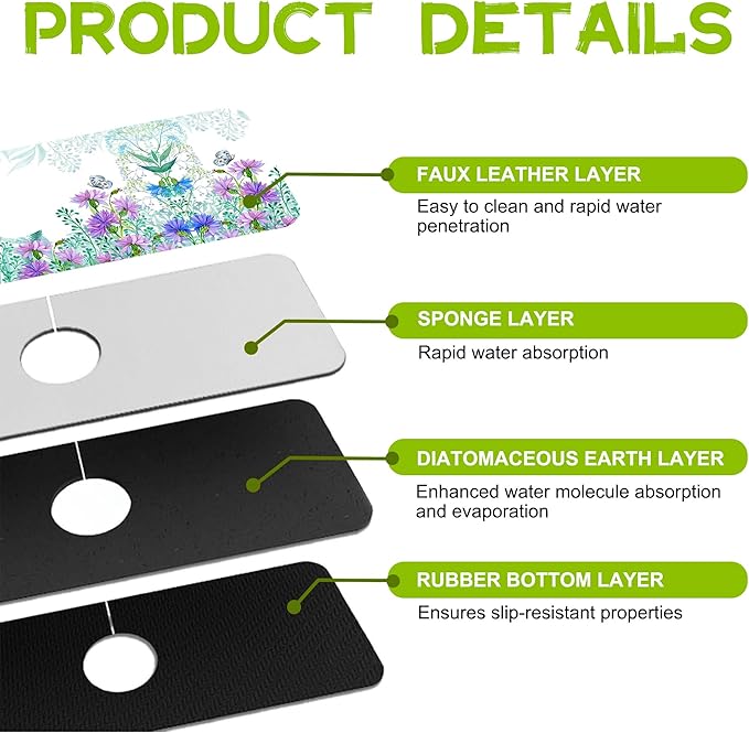 Watercolor Flowers Butterflies Kitchen Sink Splash Guard Faucet Mat Super Absorbent Fast Drying Mat Guard Behind Faucet Drip Catcher for Kitchen Bathroom, 15.5"X5.5"