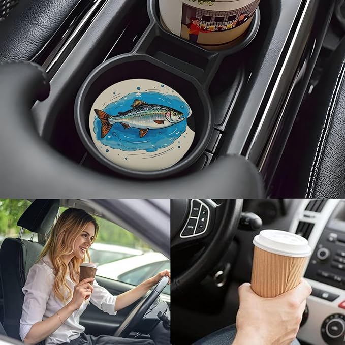 Car Cup Holder Coasters, 2 Pcs Ceramic Coasters with Cork Back and Finger Slot, Anti-Slip Shock Absorbing Women and Men Universal Car Accessories - Salted Fish