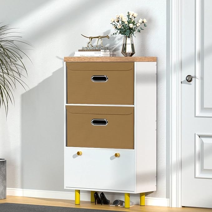 Linen Fabric Foldable Collapsible Storage Cube Bin Organizer Basket Fabric Storage Bins with Lid, Leather Handles, Removable Divider for Home, Closet, Khaki 3Pcs