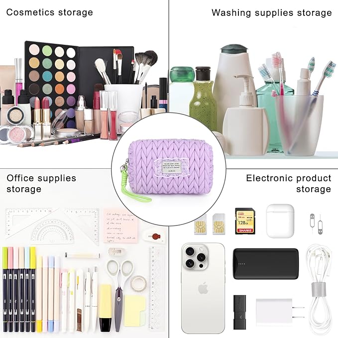 DOB SECHS Small Puffer Makeup Bag Quilted Cosmetic Bag with Handle, Cute Makeup Pouch for Purse, Cotton Woven Puffy Toiletry Bag for Women Mini Quilt Travel Essentials Organized Zipper Pouches, Purple