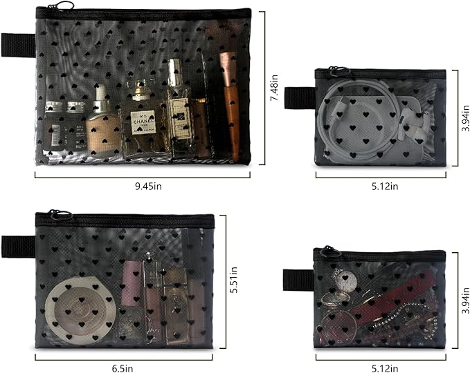 4-Piece Heart Printed Mesh Makeup Bag Set, Portable Travel Mesh Cosmetic Bags Toiletry Bags Makeup Purse Bags Mesh Zipper Storage Pouches for Home Offices Travel Accessories (Black)