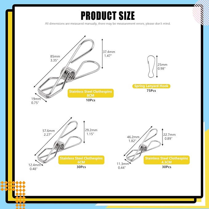 145 Pcs Multi-Purpose Stainless Steel Clothes Pins with Spring Lanyard Hook, 4/6/8 CM Windproof Metal Wire Utility Clips Clothespin, Bag Clips, Heavy Duty Tightly Seals Chip for Home Office