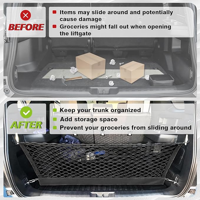 Muslogy Envelope Style Trunk Cargo Net Compatible with 2025 Toyota 4Runner Accessories Custom Fit Trunk Organizer Upgraded Mesh Storage Luggage Net with Metal Hooks