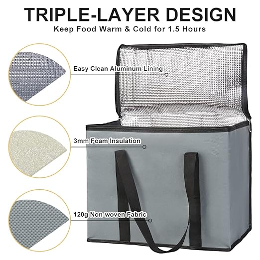 1-Pack Insulated Reusable Grocery Bags, X-Large Insulated Food Delivery Bag for Doordash/Catering/Uber Eats, Commercial Food Warmer for Shopping, Tote Cooler Bags, Dark Grey