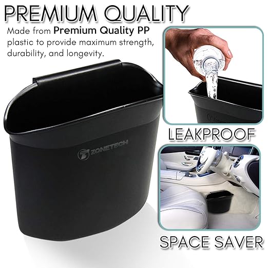 ZONETECH Portable Hanging Mini Car Garbage Can – Classic Black Trash Container - Premium Quality Automotive Universal Compact Traveling Wastebasket for Vehicle,Office, Home (1-Pack)