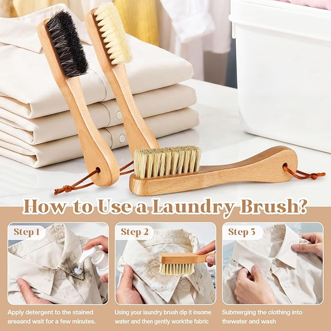 3 Pcs Wooden Laundry Stain Brush Stain Remover Dauber Brushes with Square Head Boar Bristle Small Stain Brush for Clothes for Scrubbing Stains from Furniture Fabric Leather(Style B)